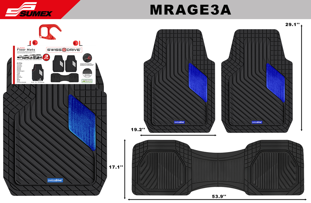 PVC CAR MAT SWISS DRIVE MIRAGE BLACK/BLUE HEEL PAD (3 UNITS) (4 SETS)