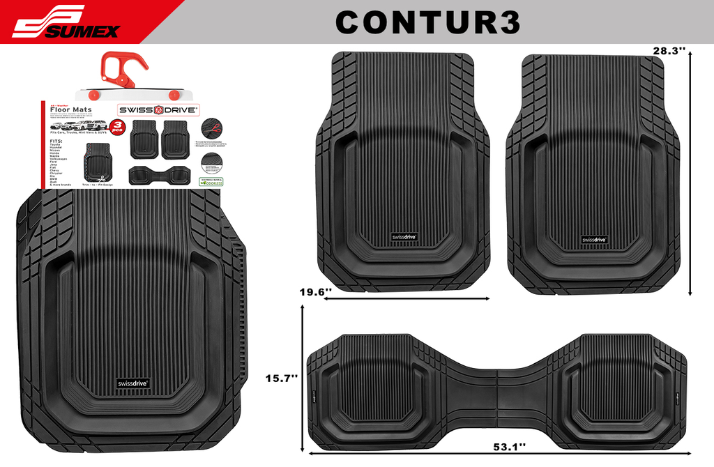 PVC CAR MAT SWISS DRIVE CONTUR DEEP DISH BLACK (3 UNITS) (4 SETS)