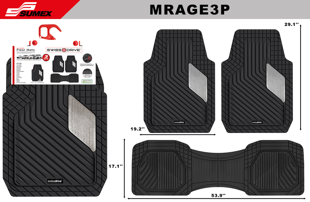 PVC CAR MAT SWISS DRIVE MIRAGE BLACK/SILVER HEEL PAD (3 UNITS) (4 SETS)