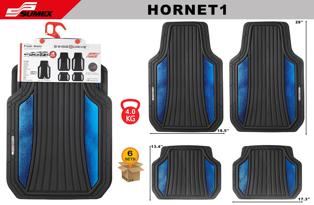 PVC CAR MAT SWISS DRIVE HORNET BLACK BLUE (4UNITS) (6SETS)