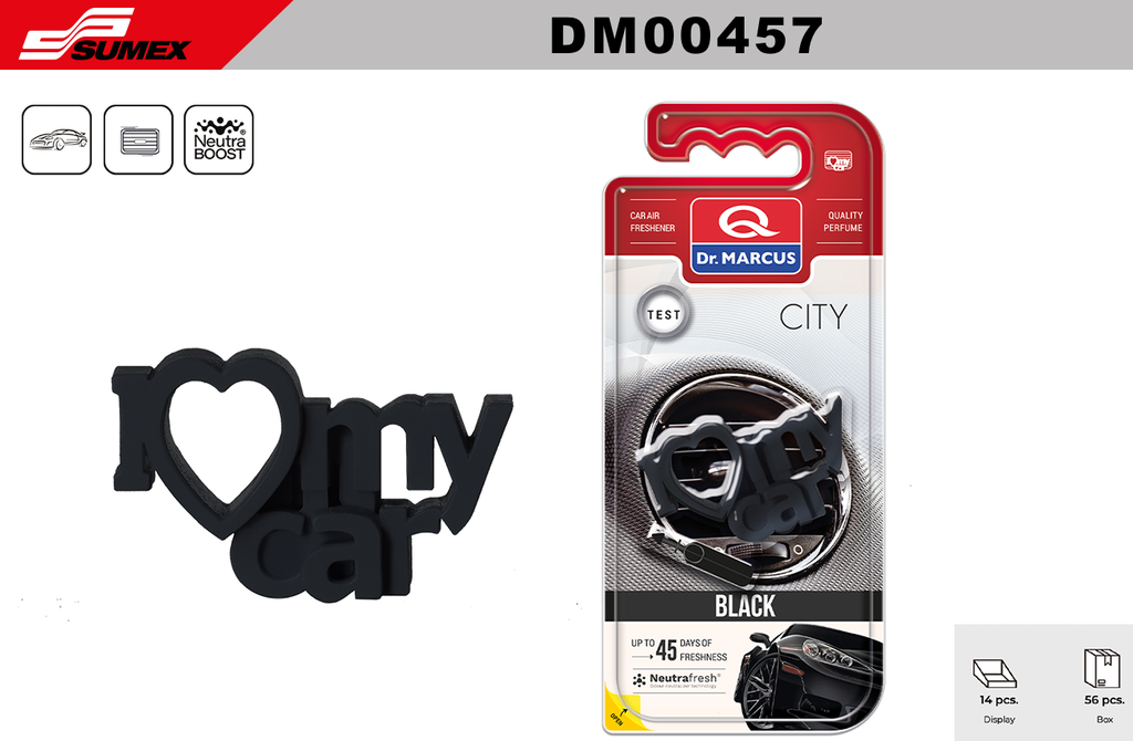 AIR FRESHENER DR. MARCUS I LOVE MY CAR BLACK (1SET=14 UNITS) (4 SET=56 UNITS)