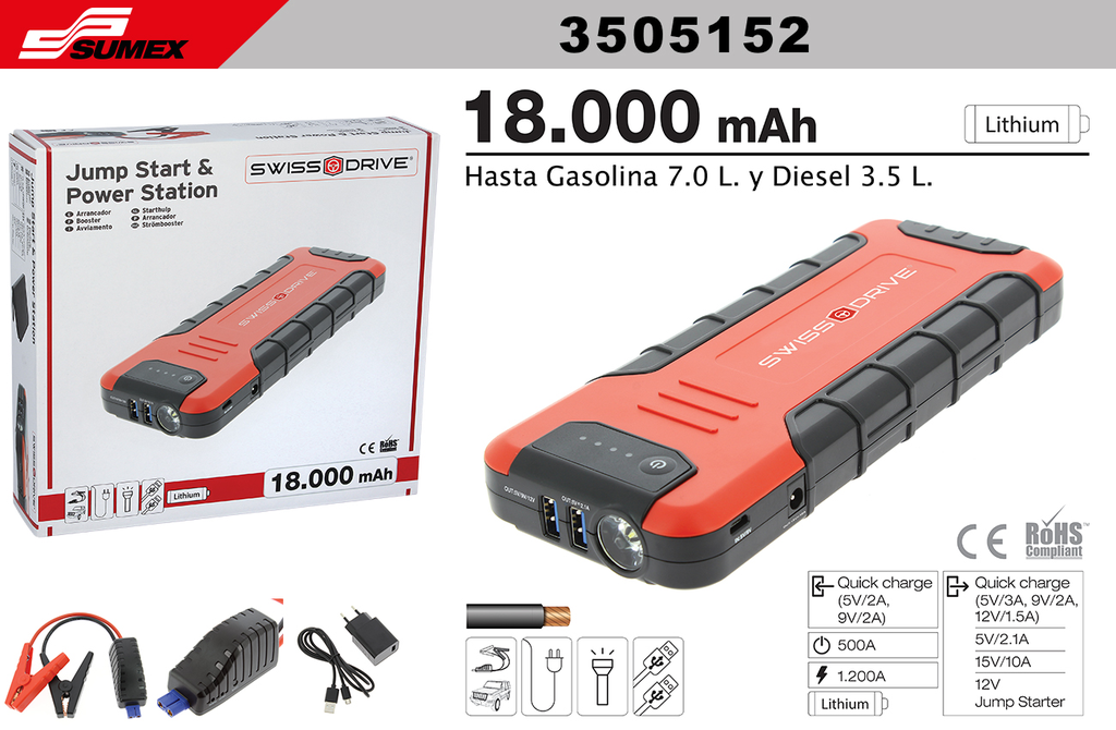 ARRANCADOR DE BATERIA SWISS DRIVE GRANDE 18000 mAh 12V-10A (10 SETS)
