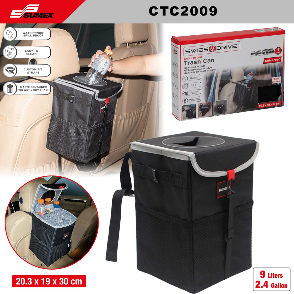 BASURERO PARA AUTO SWISS DRIVE LEAKPROOF 9L/2.4GL (12 UNDS) NEGRO/GRIS