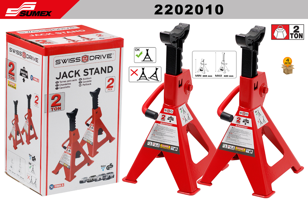 JACK STAND 2 TONS RED SWISS DRIVE (2 UNITS) (4 SETS)