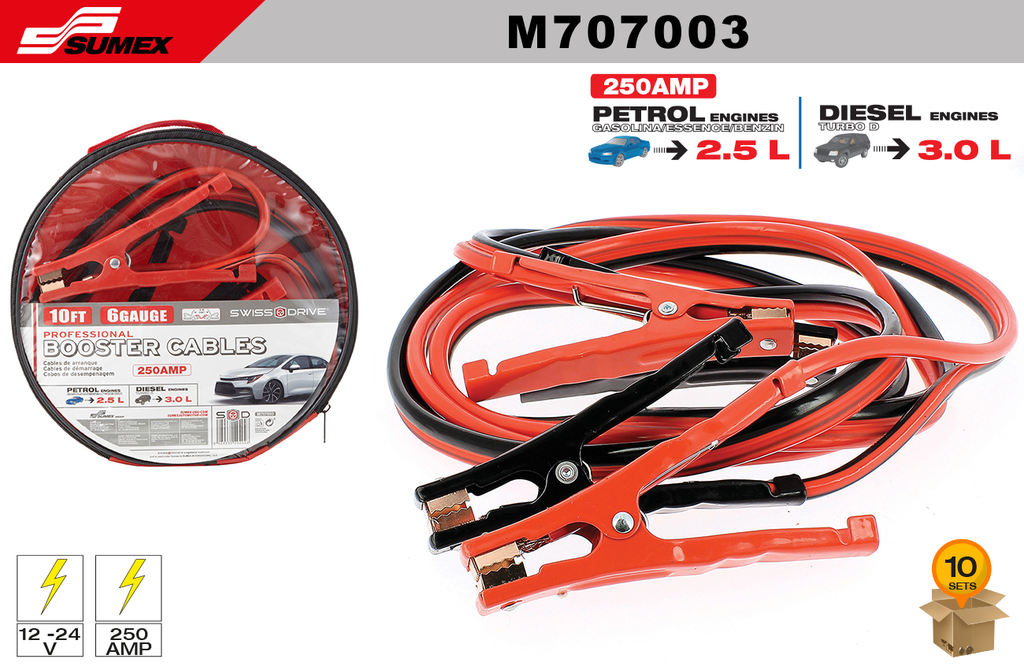 CABLES DE ARRANQUE SWISS DRIVE 250 AMP (10FT - 3M) (10 SETS)
