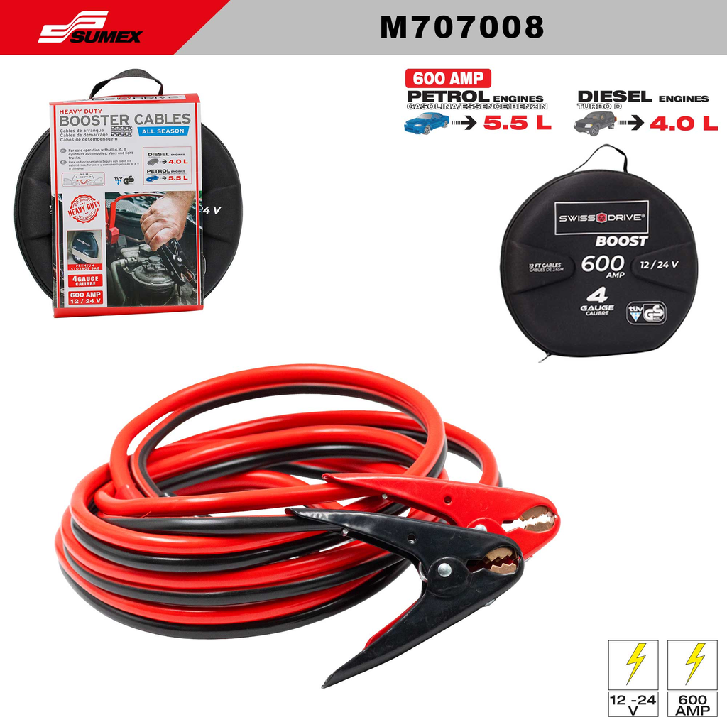 BOOSTER CABLES SWISS DRIVE 600 AMP SUPER HEAVY DUTY (3.65 MTS / 144") (4 SETS)