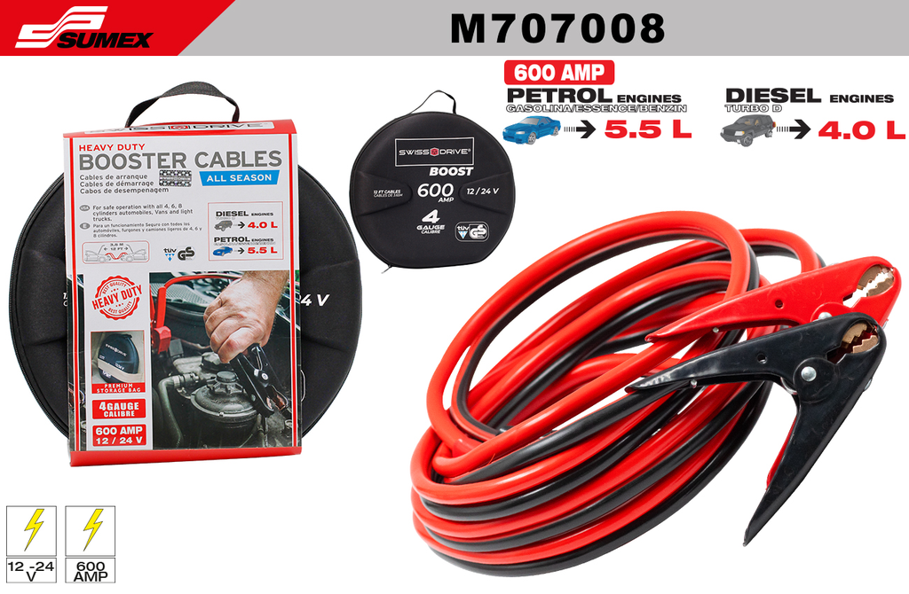 CABLES DE ARRANQUE SWISS DRIVE 600 AMP SUPER HEAVY DUTY (3.65 m - 144") (4 SETS)