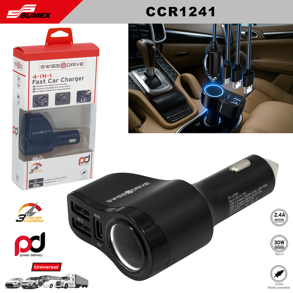 ULTRA FAST CAR CHARGER 4 IN1 SWISS DRIVE NON CABLE 30W (12V/24V)(100 UNITS)