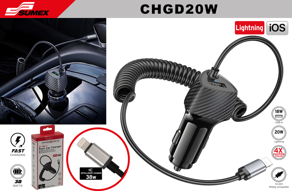 ULTRA FAST CAR CHARGER 2 IN 1 SWISS DRIVE WITH CABLE IPHONE + USB 38W (48 UNITS)
