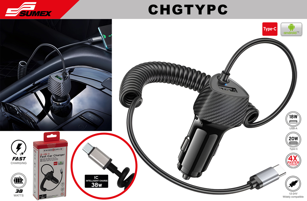 CARGADOR ULTRA RAPIDO 2 EN 1 SWISS DRIVE CON CABLE TIPO C + USB 38W  (12V/24V) (48 UNDS)