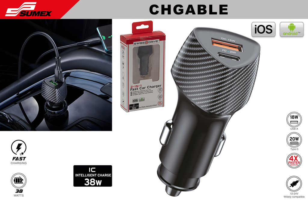 ULTRA FAST CAR CHARGER SWISS DRIVE NON CABLE TYPE C + USB (12V/24V)(48 UNITS)