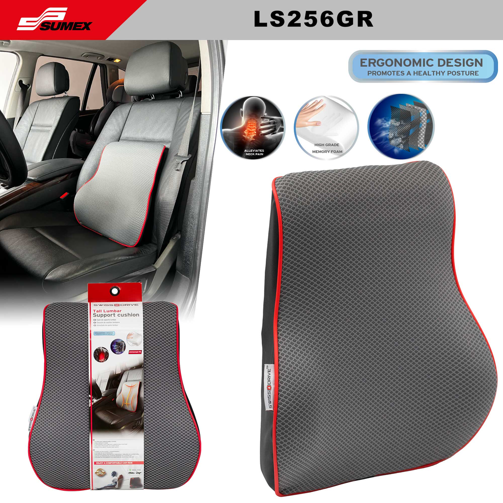 TALL LUMBAR SUPPORT CUSHION SWISS DRIVE ERGO MEMORY FOAM GREY/RED (8 UNITS)