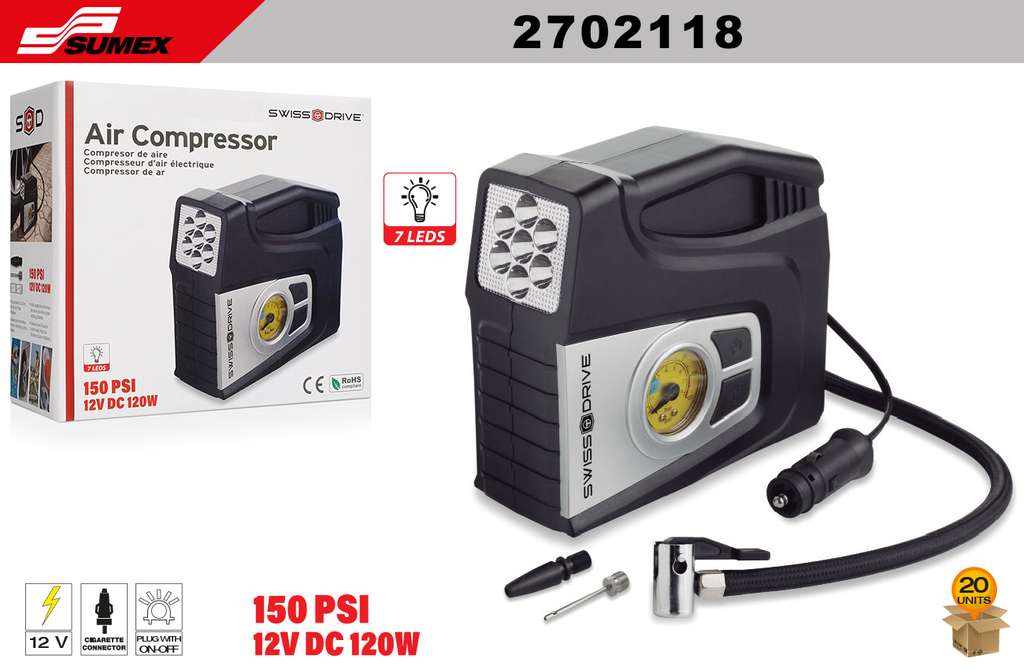 COMPRESOR DE AIRE SWISS DRIVE CON LUZ LED 12V (120W) - 150 PSI (20 UNDS)