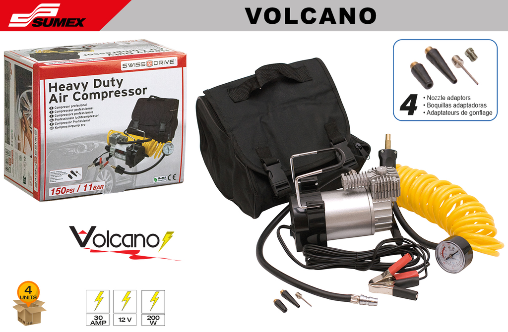 HEAVY DUTY AIR COMPRESSOR VOLCANO SWISS DRIVE 12V (200W)(150 PSI) (4 SETS)