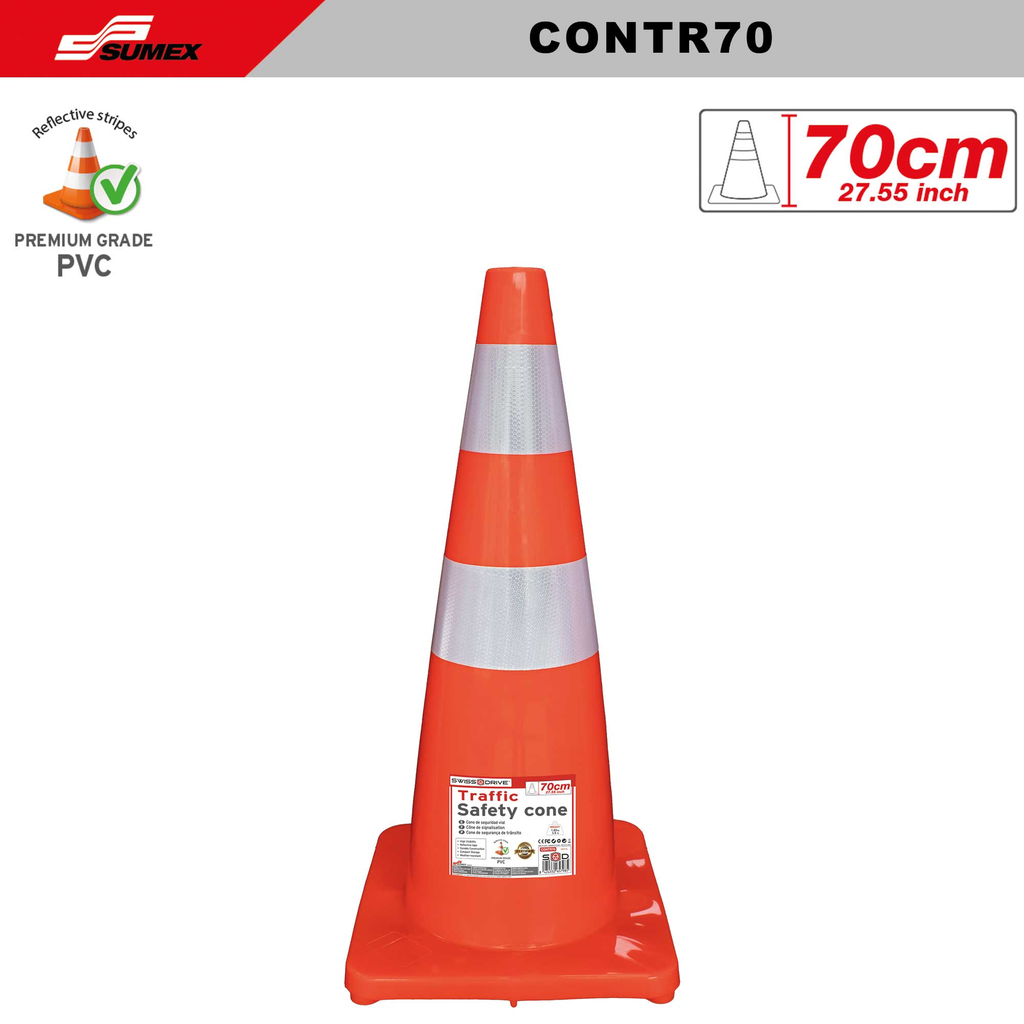 CONO DE SEGURIDAD VIAL REFLECTIVO SWISS DRIVE 70CM/27.55 INCH (10 UNDS)