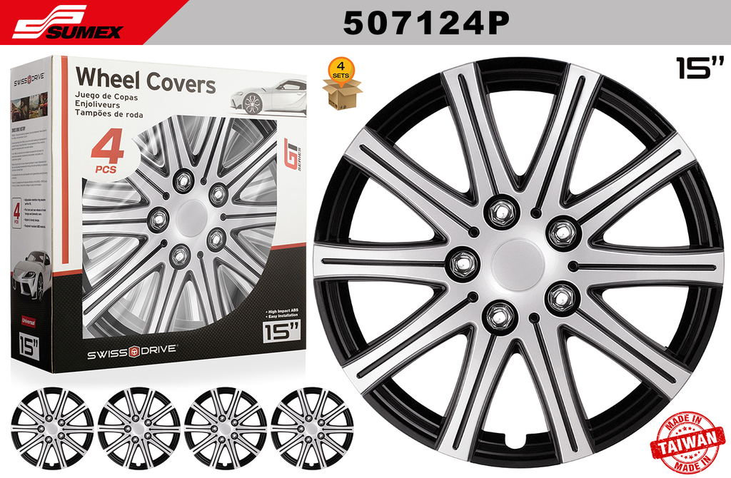 WHEEL COVER SWISS DRIVE 15" FUJI SILVER/BLACK (4 SETS)
