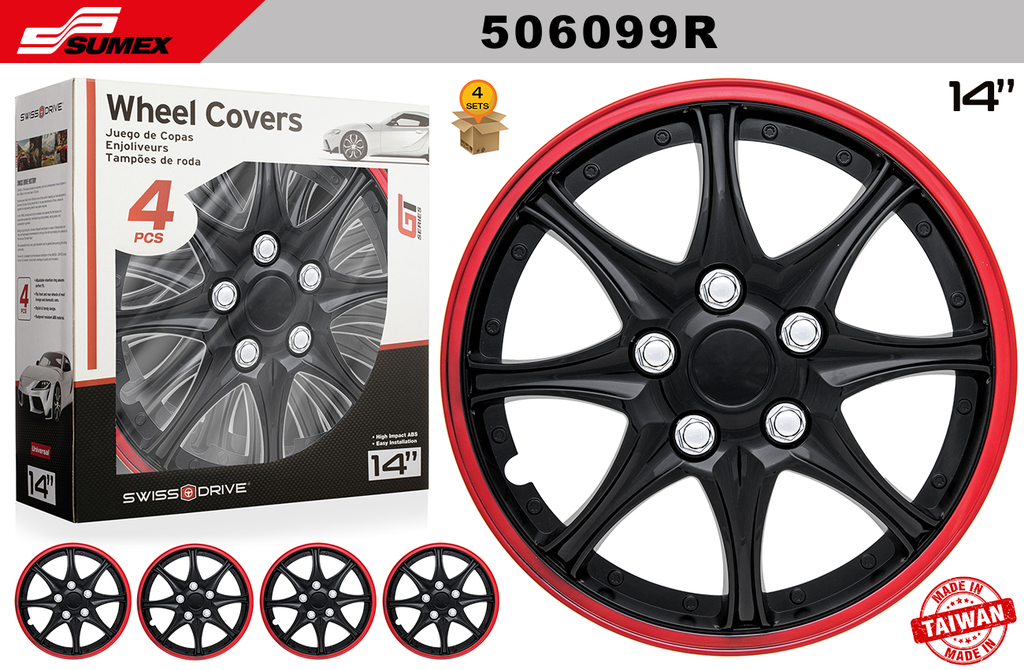 WHEEL COVER SWISS DRIVE 14" DAYTONA BLACK/RED (4 SETS)