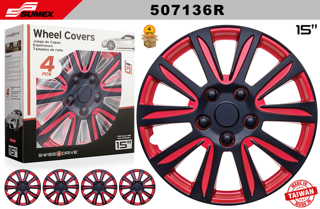 WHEEL COVER SWISS DRIVE 15" MARINA BAY RED/BLACK (4 SETS)