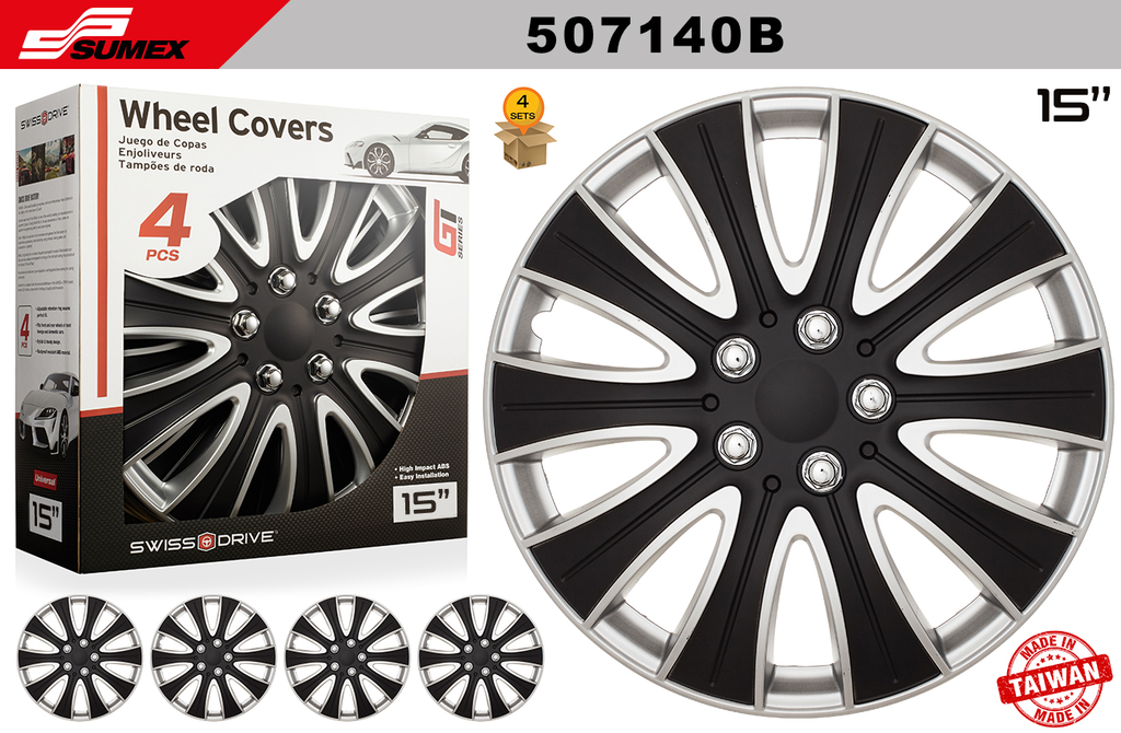 WHEEL COVER SWISS DRIVE 15" TAMPA BLACK/SILVER (4 SETS)