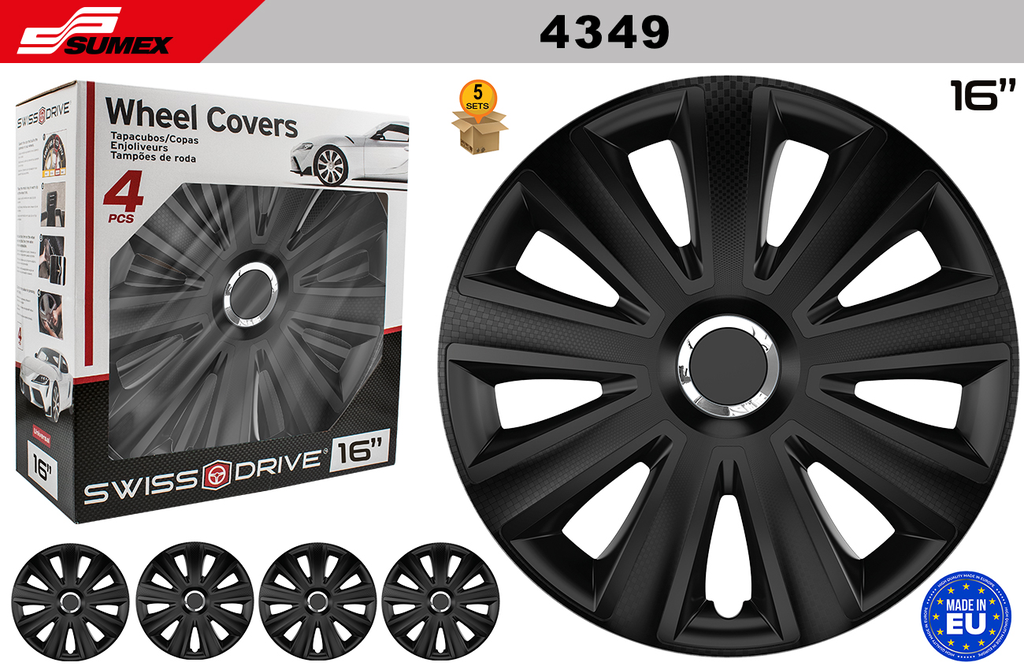WHEEL COVER SWISS DRIVE 16" AVIATOR CARBON RING CHROME/BLACK (5 SETS)