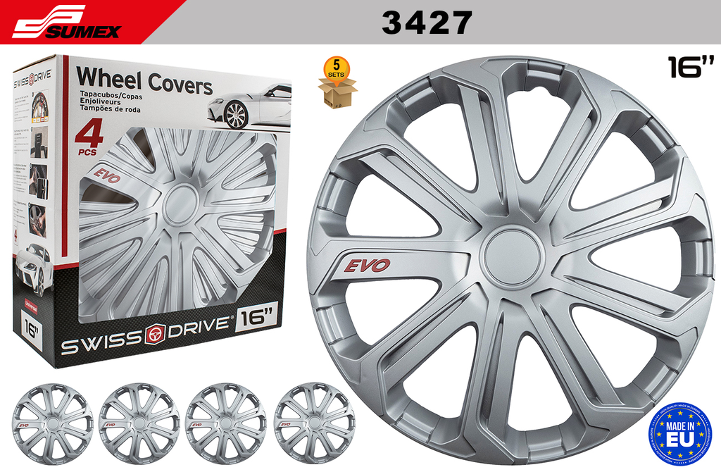WHEEL COVER SWISS DRIVE 16" EVO SILVER (5 SETS)