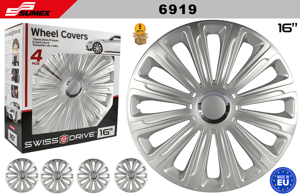 WHEEL COVER SWISS DRIVE 16" TREND RING CHROME/SILVER (5 SETS)