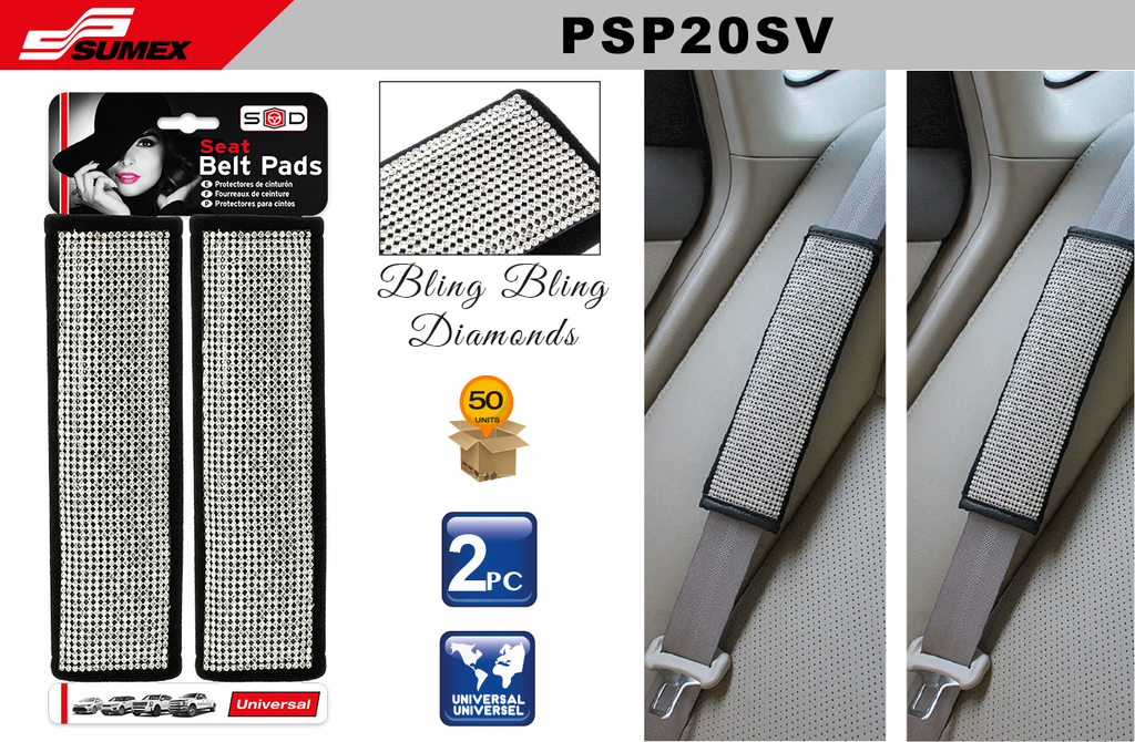 SEAT BELT COMFORTER SWISS DRIVE BLING BLING DIAMONDS SILVER (2 UNITS) (50 SETS)