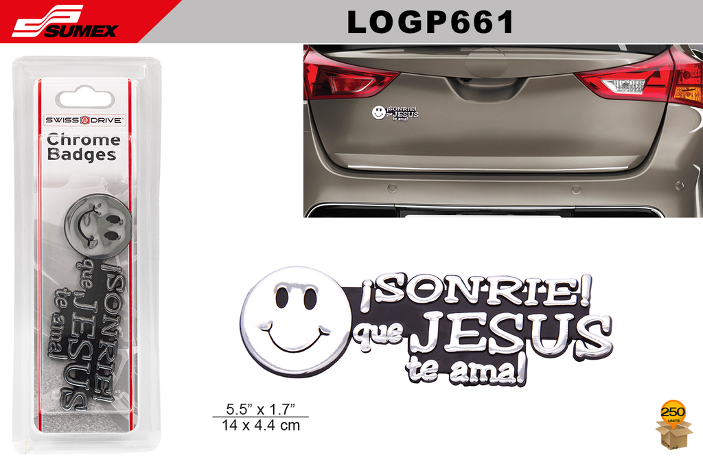 CHROMED EMBLEM SWISS DRIVE "SONRIE QUE JESUS TE AMA" ( 1PCS) (250 PCS)