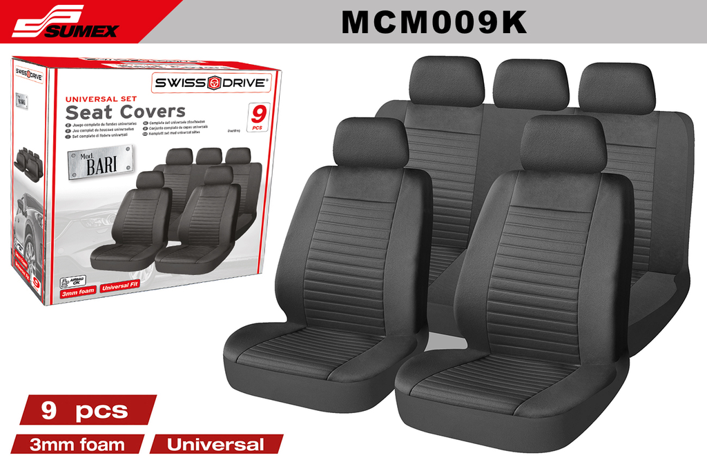 SEAT COVER SWISS DRIVE BARI BLACK (9 UNITS) (6 SETS)