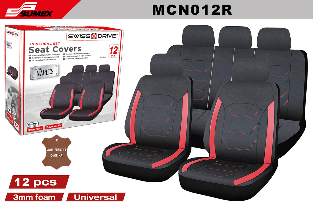 SEAT COVER SWISS DRIVE NAPLES BLACK/RED (12UNITS) (6 SETS)