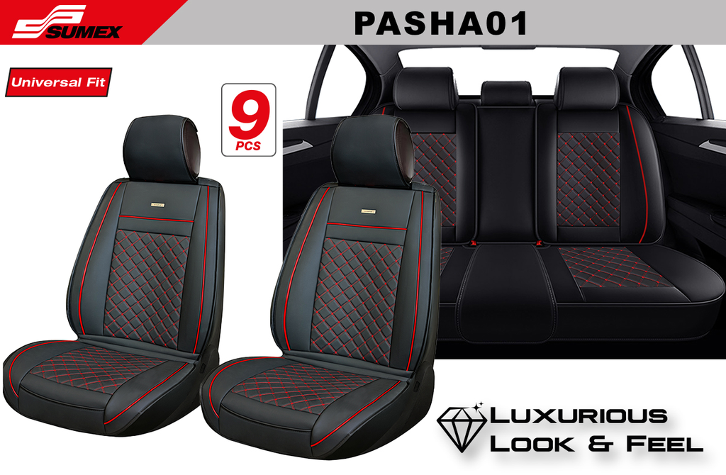 FORRO DE ASIENTO SWISS DRIVE PASHA LUXE NEGRO/COSIDO ROJO (9 UNDS) (3 SETS)