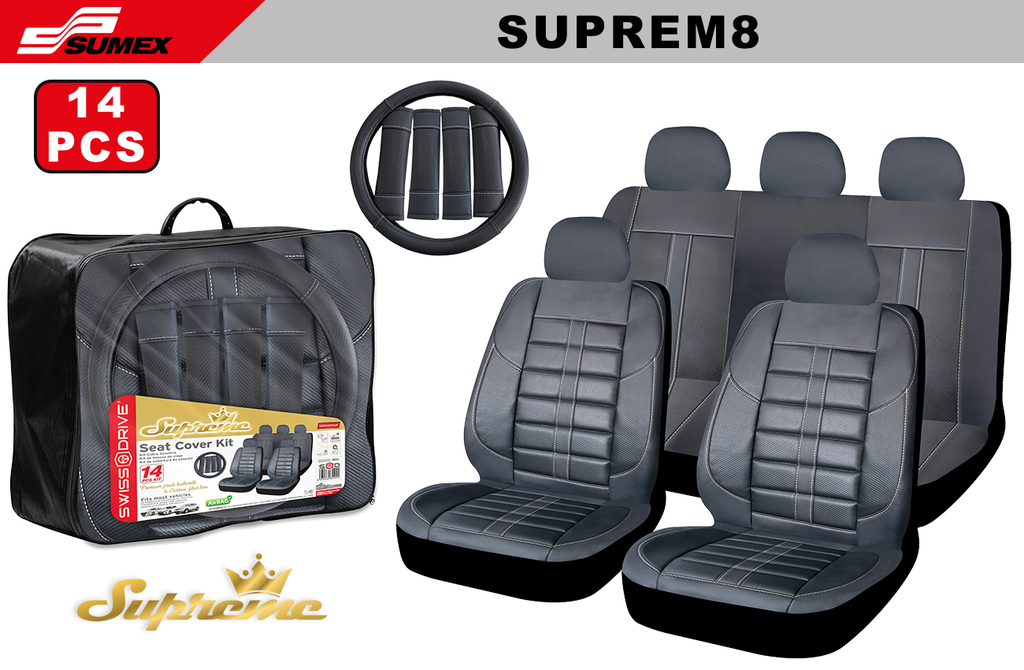 SEAT COVER SWISS DRIVE SUPREME CARBON FINISH BLACK/WHITE STITCHING (14 UNITS) (4 SETS)