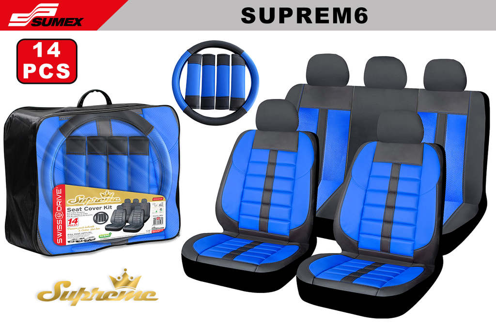 FORRO DE ASIENTO SWISS DRIVE SUPREME CARBON FINISH NEGRO/AZUL (14 UNDS) (4 SETS)