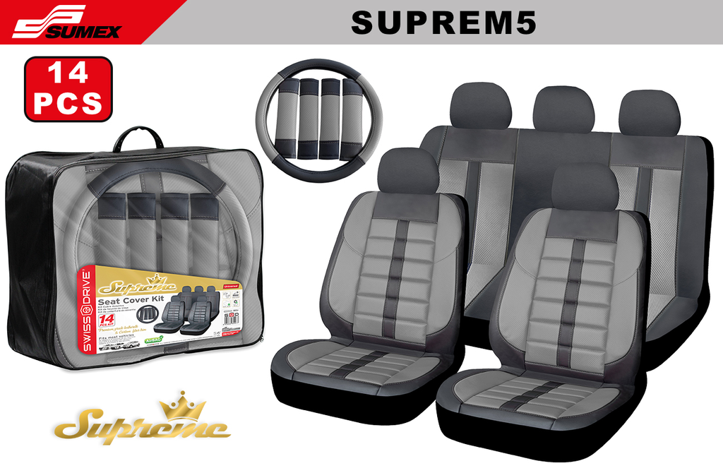 SEAT COVER SWISS DRIVE SUPREME CARBON FINISH BLACK/GREY WHITE STITCHING (14 UNITS) (4 SETS)