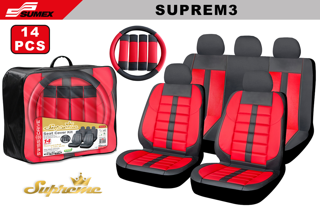 SEAT COVER SWISS DRIVE SUPREME CARBON FINISH BLACK/RED STITCHING (14 UNITS) (4 SETS)