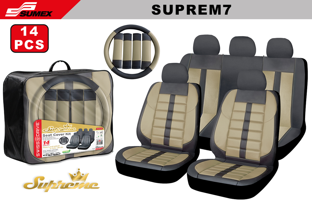 SEAT COVER SWISS DRIVE SUPREME CARBON FINISH BLACK/BEIGE (14 UNITS) (4 SETS)