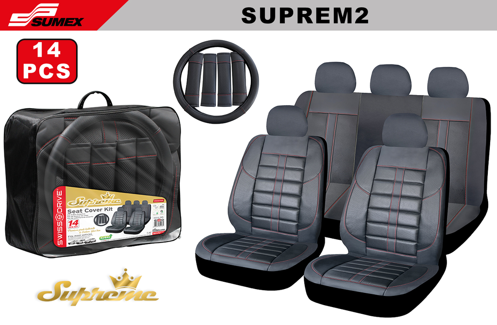 FORRO DE ASIENTO SWISS DRIVE SUPREME CARBON FINISH NEGRO/COSTURA ROJO (14 UNDS) (4 SETS)