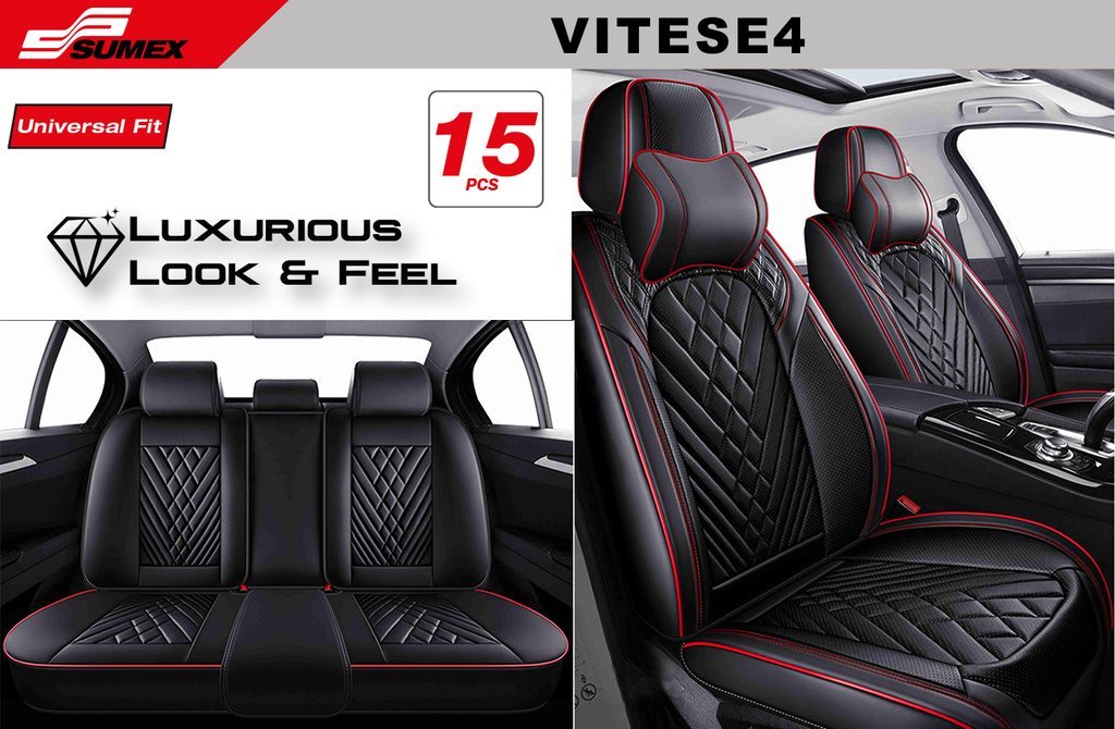 FORRO DE ASIENTO SWISS DRIVE VITESSE ULTRA-LUXE NEGRO/COSTURA ROJO (15 UNDS) (2 SETS)