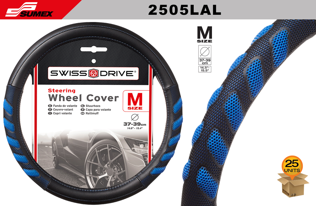 STEERING WHEEL COVER SWISS DRIVE "M" ARROW GRIP BLACK/BLUE (37 X 39 CM) (25 UNITS)
