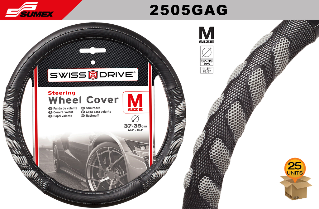 STEERING WHEEL COVER SWISS DRIVE "M" ARROW GRIP GREY/BLACK (37 X 39 CM) (25 UNITS)