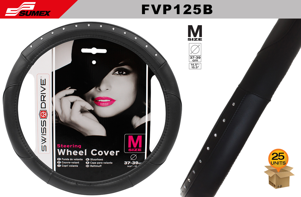 STEERING WHEEL COVER SWISS DRIVE "M" BLACK BLING/BLACK (37 X 39 CM) (25 UNITS)