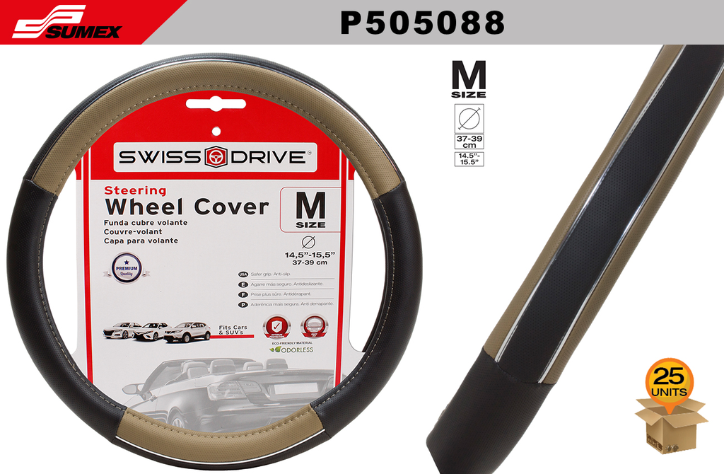 STEERING WHEEL COVER SWISS DRIVE "M" CHROME LINE BEIGE/BLACK (37 X 39 CM) (25 UNITS)