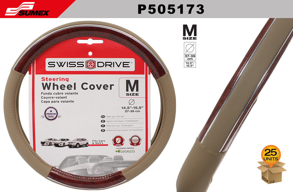 STEERING WHEEL COVER SWISS DRIVE "M" CHROME LINE WOOD BEIGE (37 X 39 CM) (25 UNITS)