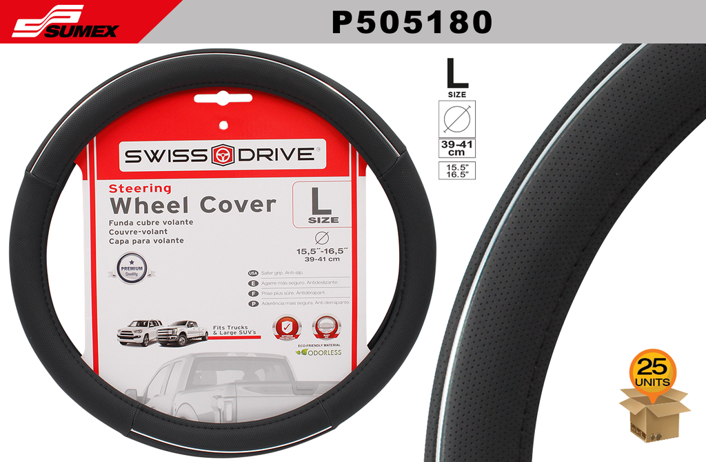 STEERING WHEEL COVER SWISS DRIVE "L" CHROME LINE BLACK (39 X 41 CM) (25 UNITS)