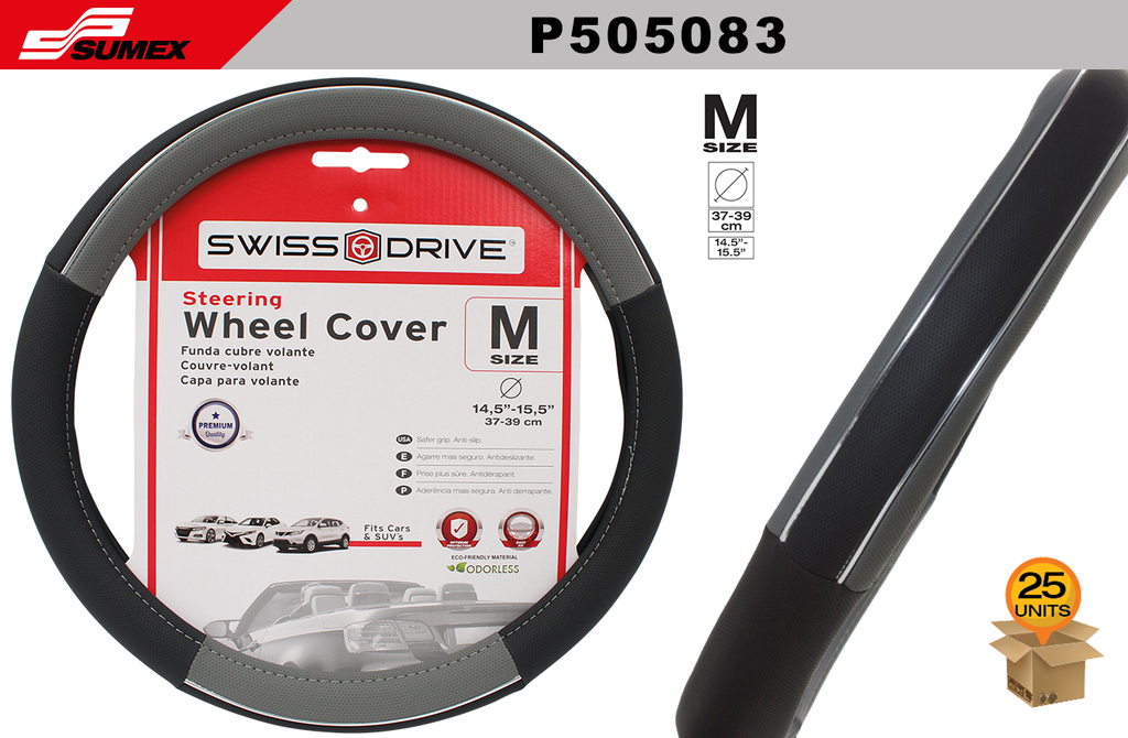 STEERING WHEEL COVER SWISS DRIVE "M" CHROME LINE GREY/BLACK (37 X 39 CM) (25 UNITS)