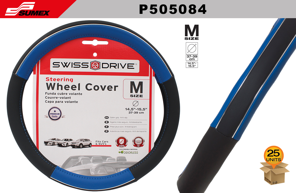 STEERING WHEEL COVER SWISS DRIVE "M" CHROME LINE BLUE/BLACK (37 X 39 CM) (25 UNITS)