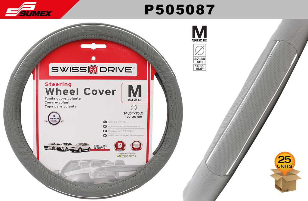 STEERING WHEEL COVER SWISS DRIVE "M" CHROME LINE GREY (37 X 39 CM) (25 UNITS)