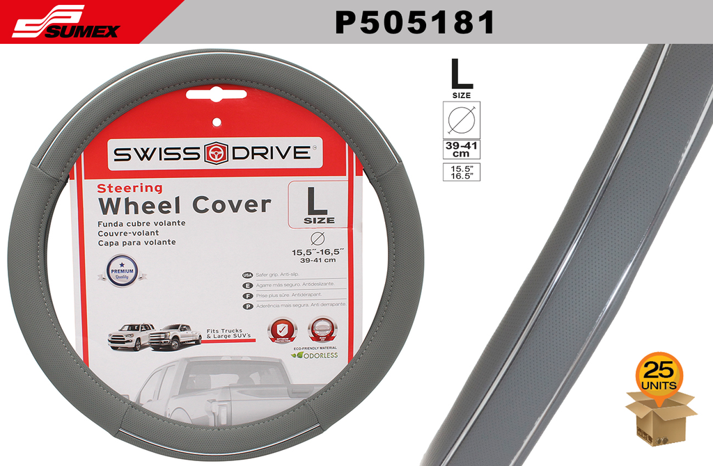 STEERING WHEEL COVER SWISS DRIVE "L" CHROME LINE GREY (39 X 41 CM)  (25 UNITS)