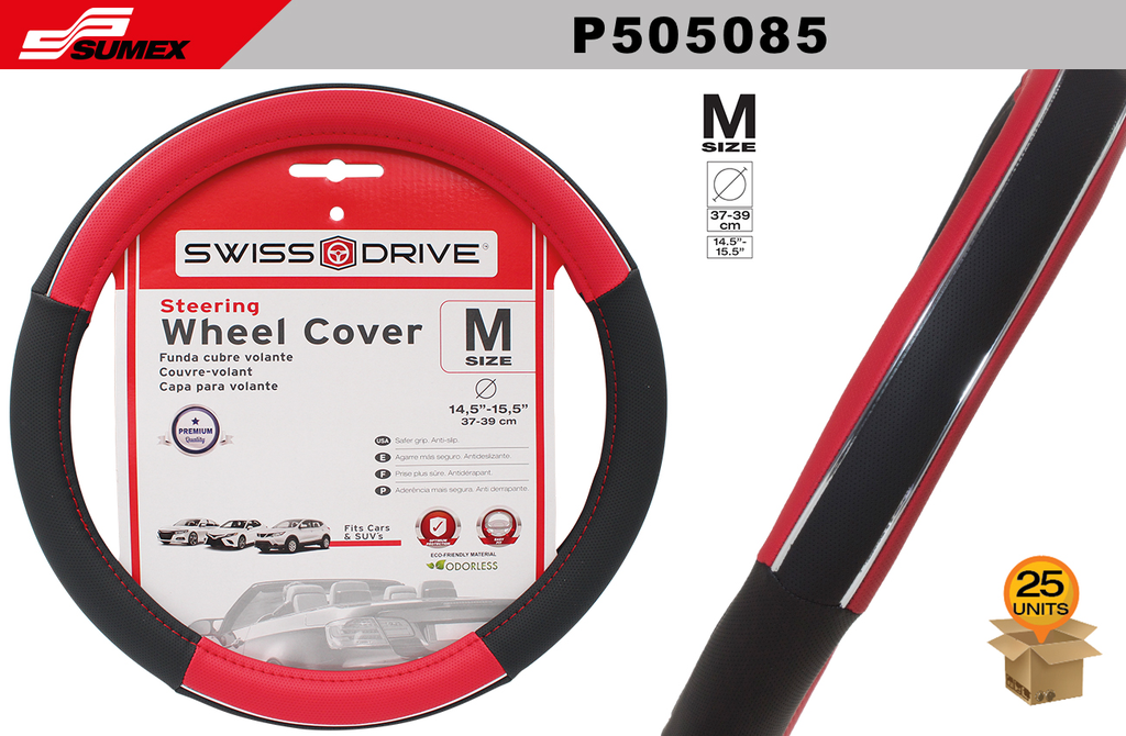 FORRO DE TIMON SWISS DRIVE "M" CHROME LINE ROJO/NEGRO (37 x 39CM) (25 UNDS)