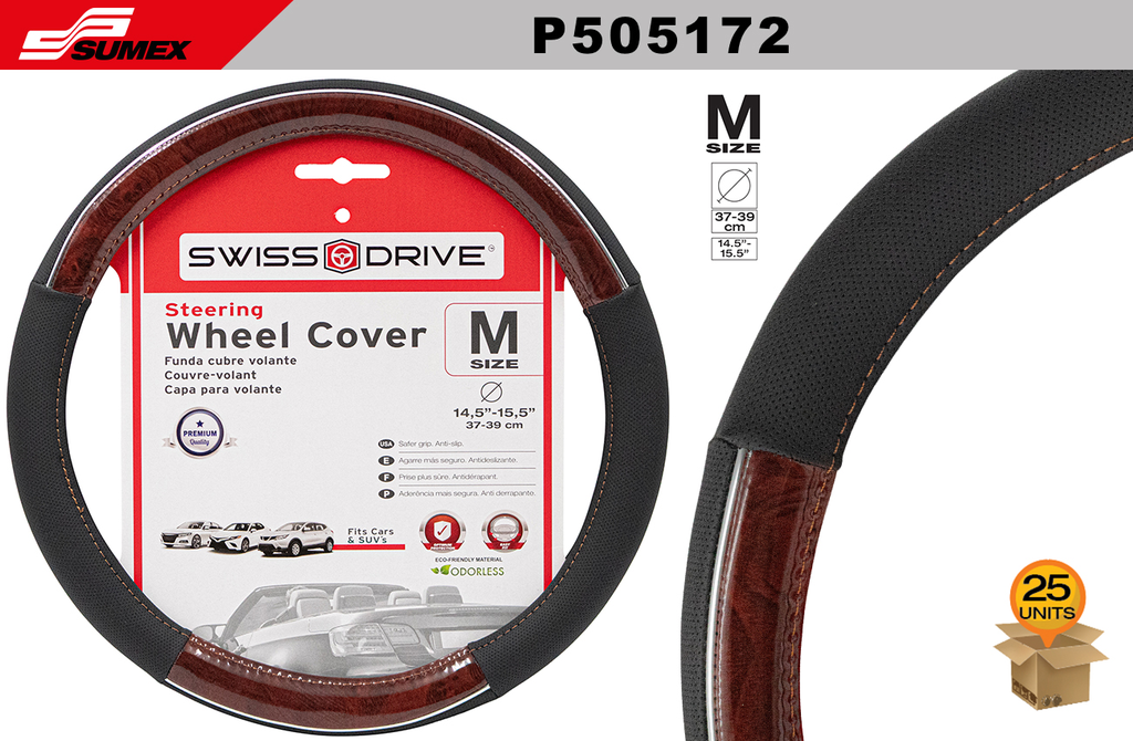STEERING WHEEL COVER SWISS DRIVE "M" CHROME LINE BLACK (37 X 39 CM) (25 UNITS)